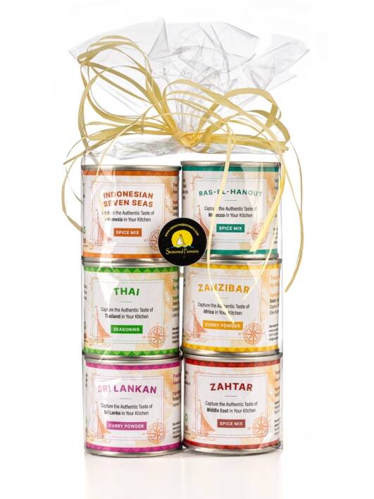 Seasoned Pioneers Worldwide Spice Tin Collection. Six tins of different hand mad spice mixes