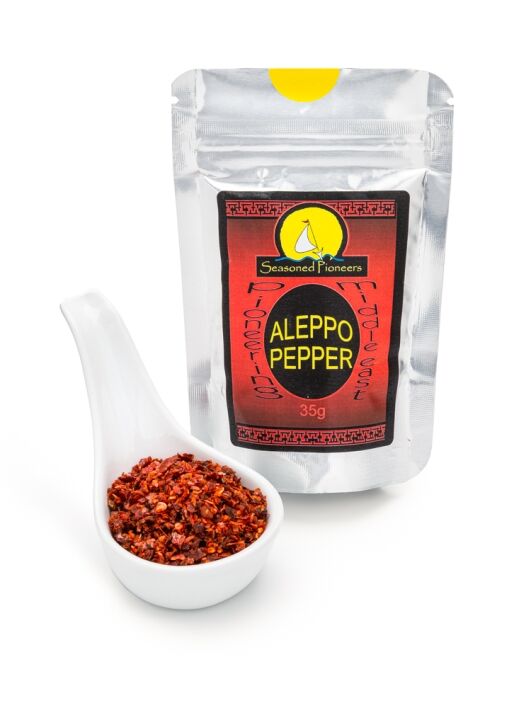 Seasoned Pioneers Aleppo Pepper chillies packed in a foil pouch for freshness