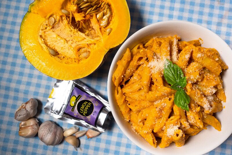 Creamy pumpkin pasta made with seasoned pioneers lemon pepper