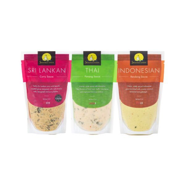 Seasoned Pioneers curry sauce bundle containing Sri Lankan curry sauce, Thai Penang sauce and Indonesian rendang sauce